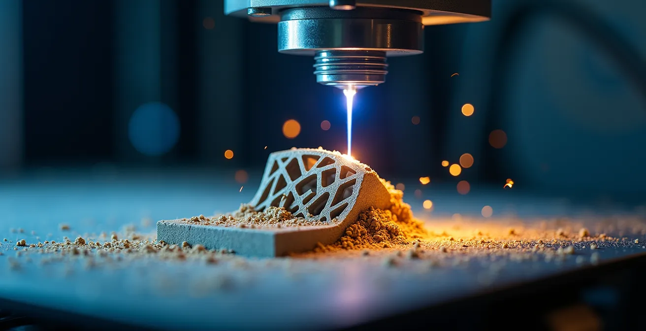 Nahaufnahme eines industriellen 3D-Druckers bei der Fertigung eines komplexen Metallbauteils