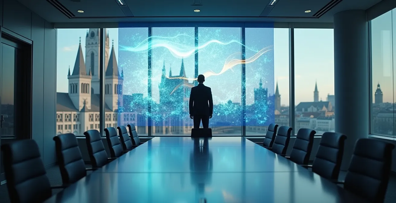 Vorstand betrachtet interaktives holografisches Daten-Dashboard