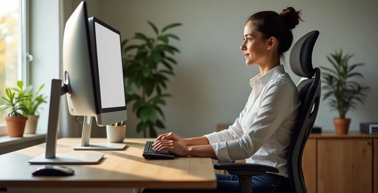 Ergonomisch gestalteter Homeoffice-Arbeitsplatz mit höhenverstellbarem Schreibtisch