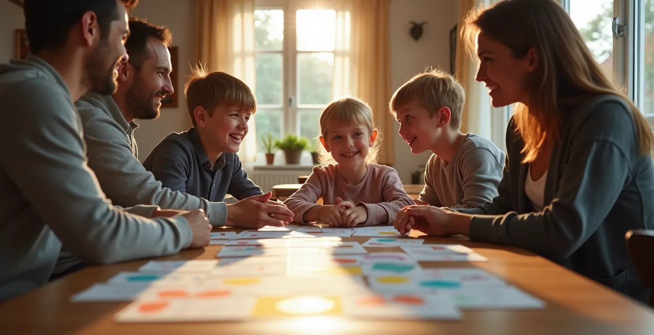 Familie sitzt gemeinsam am Tisch und bespricht Medienregeln mit sichtbaren aber unleserlichen Notizen