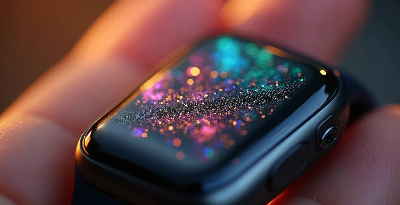 Makroaufnahme eines Fitness-Trackers mit abstrakten Datenmuster-Reflexionen