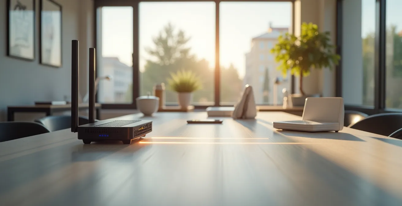 Darstellung eines Heimnetzwerks mit markierten Schwachstellen wie einem ungesicherten Router und veralteten Smart-Home-Geräten.