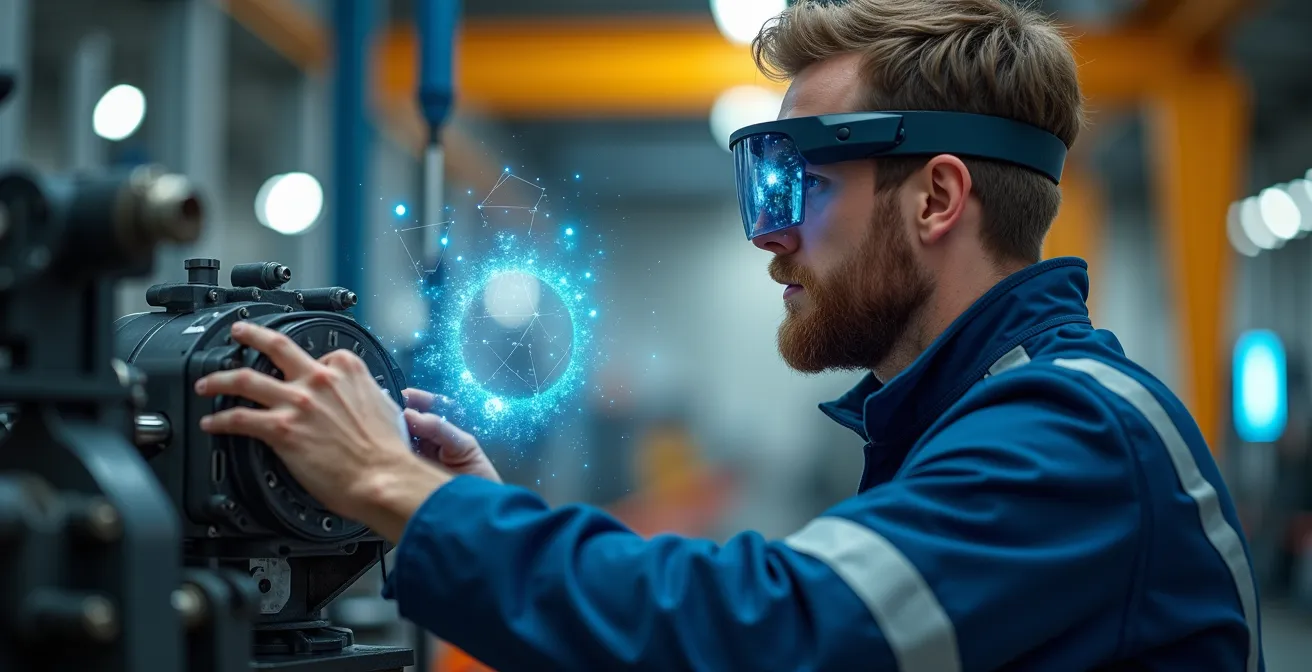 Arbeiter mit AR-Brille erhält digitale Anweisungen während der Maschinenwartung