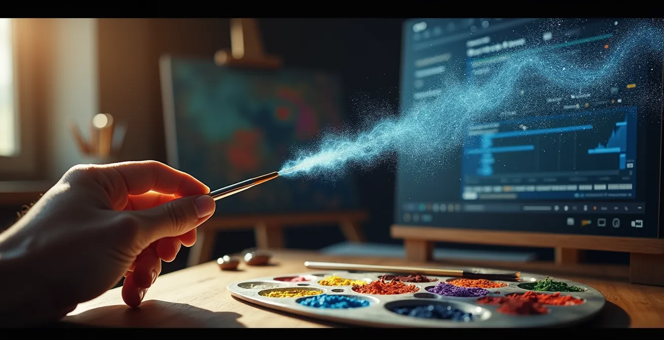 Kreativer Schaffensprozess zwischen menschlicher Hand und digitalen Mustern