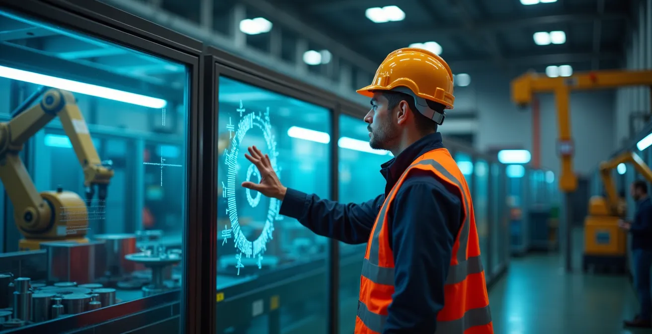 Maschinenbauingenieur arbeitet mit KI-gestütztem Wartungssystem in deutscher Fabrik