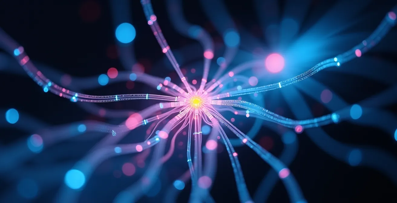 Abstrakte Visualisierung eines neuronalen Netzes mit leuchtenden Verbindungen