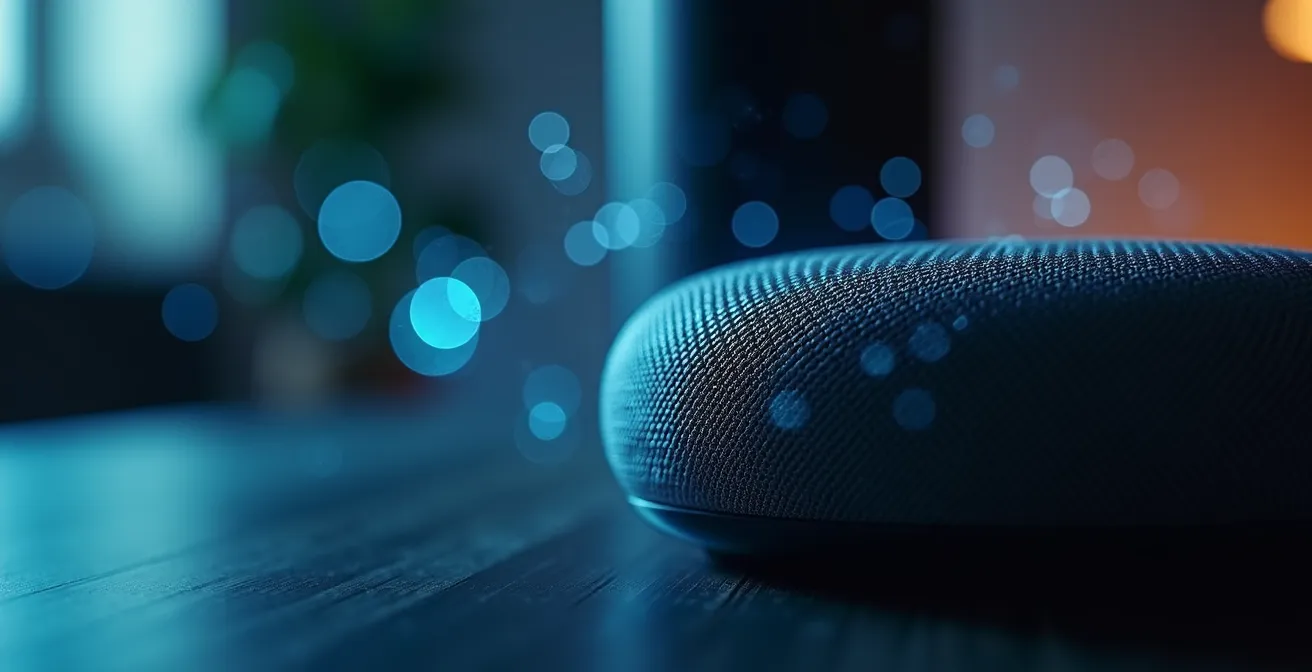 Nahaufnahme von Smart-Home-Geräten mit abstrakten Sicherheitssymbolen