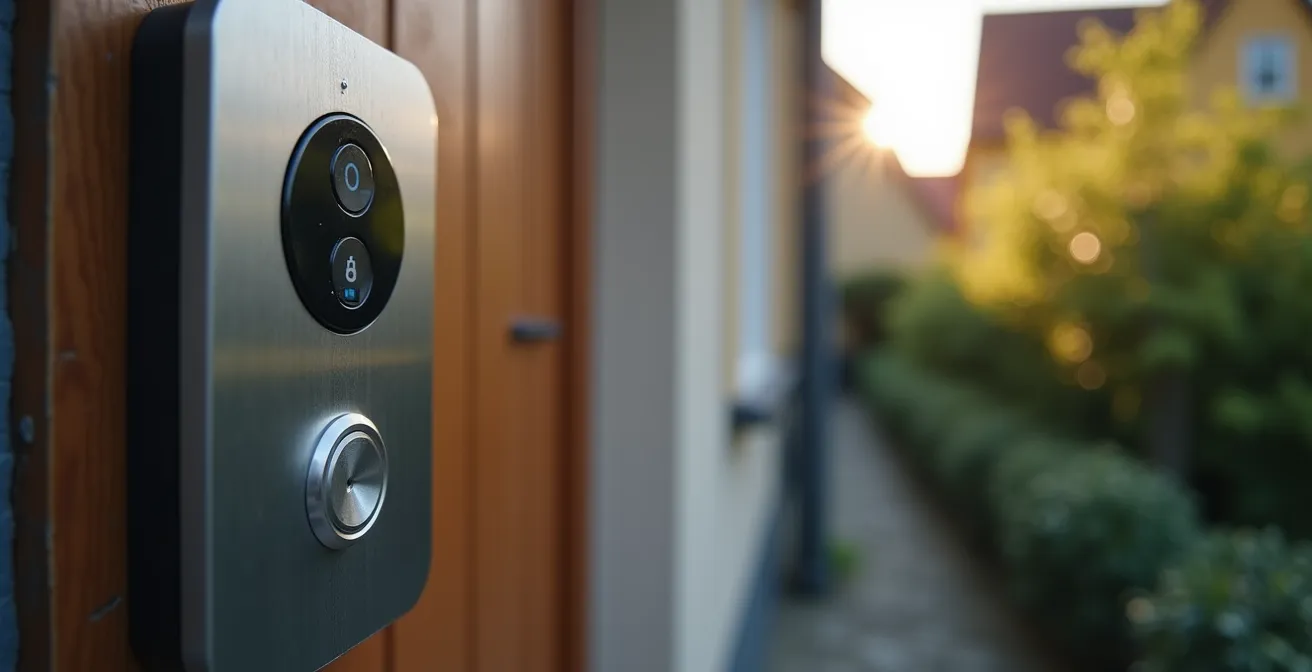 Nahaufnahme einer Smart-Türklingel mit verschwommenem Hintergrund zeigt datenschutzkonforme Installation