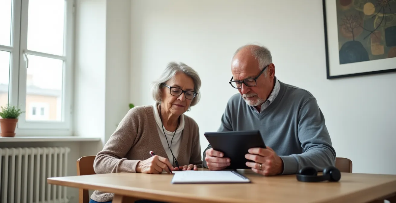 Seniorenpaar bereitet sich mit Tablet auf Videosprechstunde vor
