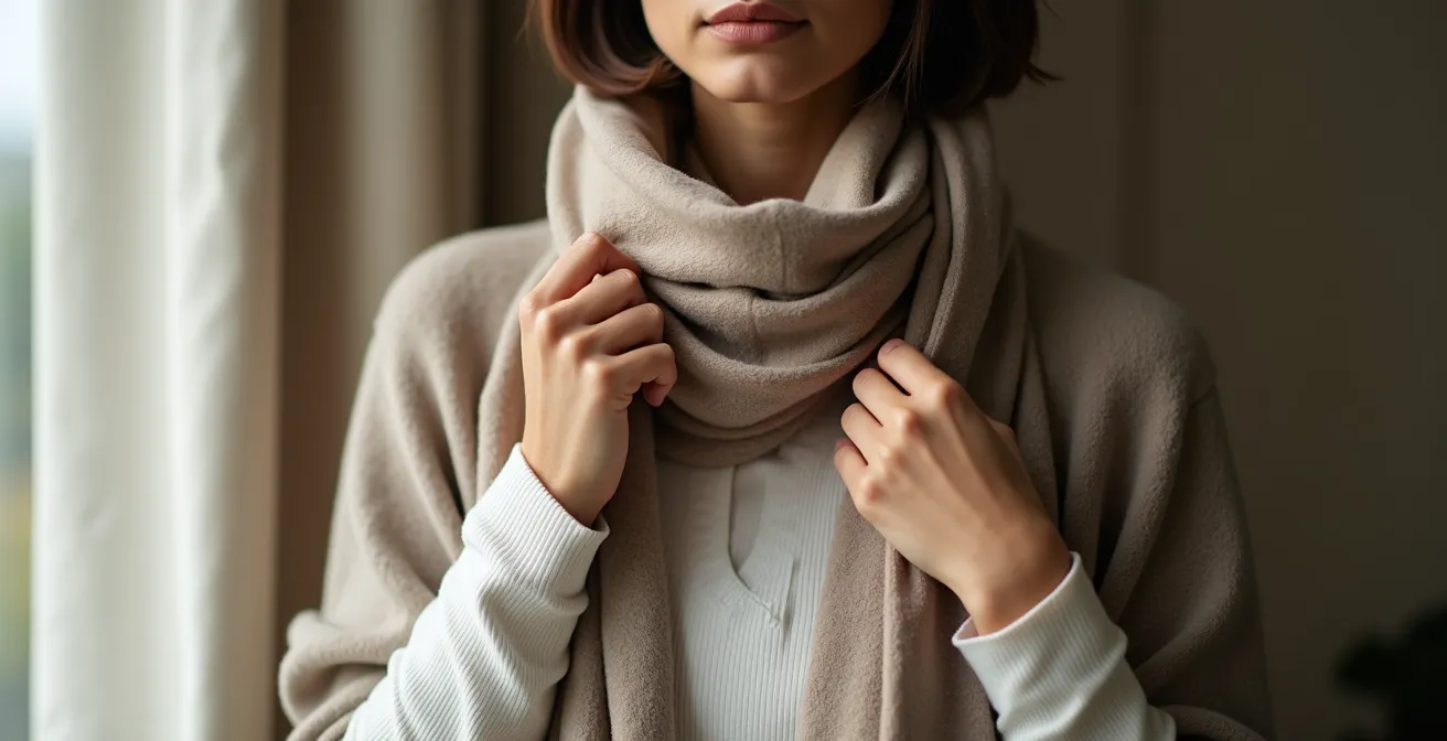 Kunstvolle Anordnung von Accessoires und geschichteten Kleidungsstücken