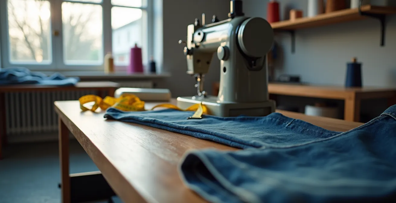 Professionelle Änderungsschneiderei-Werkstatt mit Industrienähmaschine und Jeans