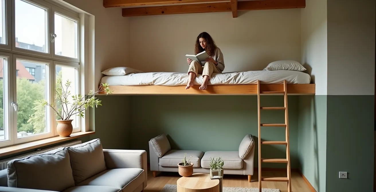 Hochebene als eleganter, minimalistischer Schlafbereich in einer Altbauwohnung mit 3,50m Deckenhöhe.