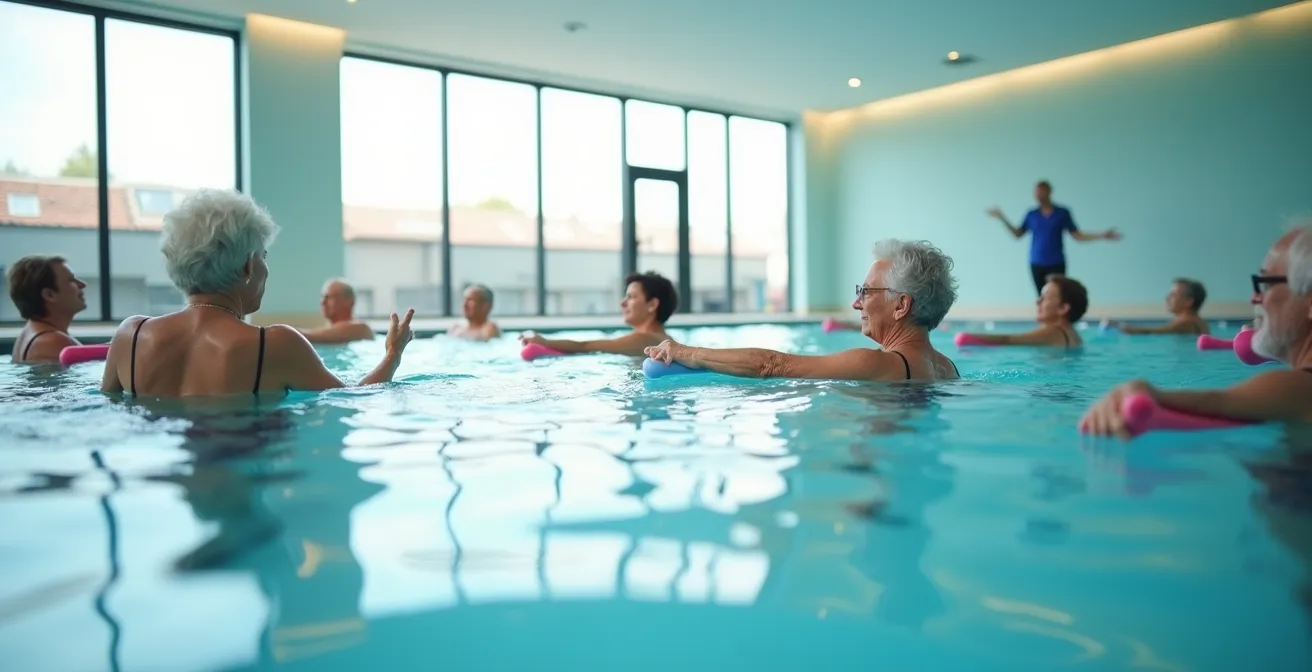 Seniorengruppe bei Aqua-Fitness Übungen im warmen Therapiebecken