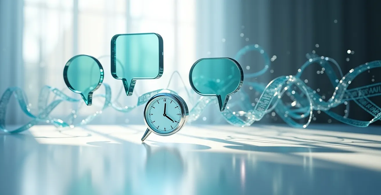 Digitales Dashboard, das verschiedene asynchrone Kommunikationskanäle wie Chat, Dokumentenmanagement und Projektboards symbolisch darstellt.