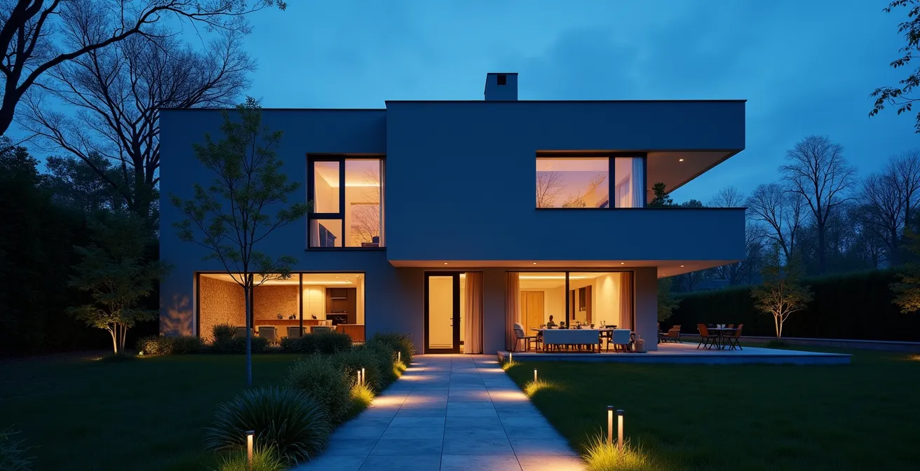 Modernes deutsches Haus mit durchdachter Außenbeleuchtung in der Dämmerung