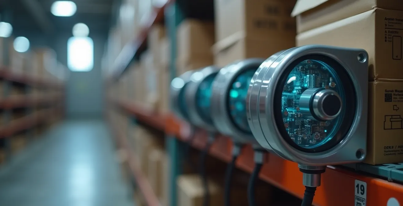 Ein automatisiertes Vendor-Managed Inventory System in einer modernen deutschen Fabrik, visualisiert durch IoT-Sensoren an Lagerregalen.
