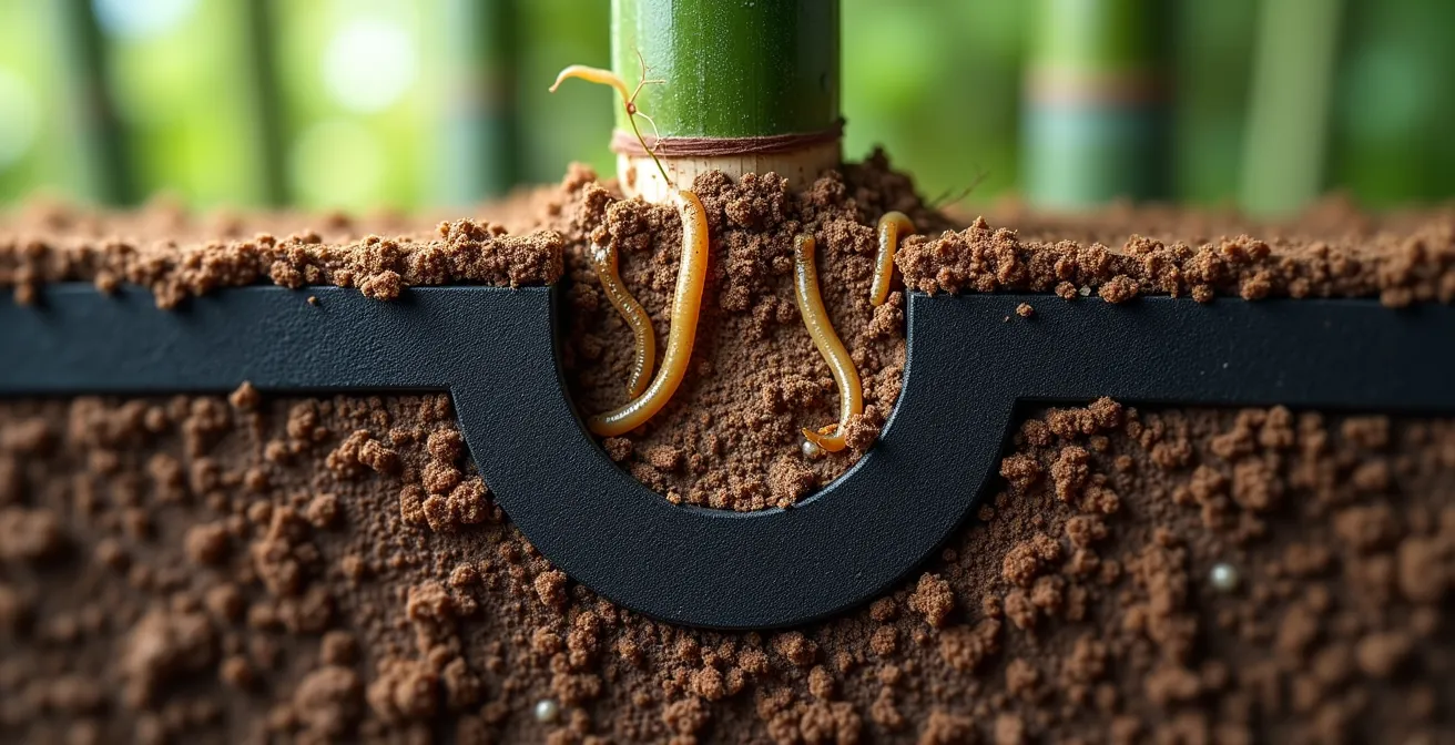 Detaillierte Darstellung einer Rhizomsperre für Bambus im Erdreich, die die Wurzeln eindämmt.