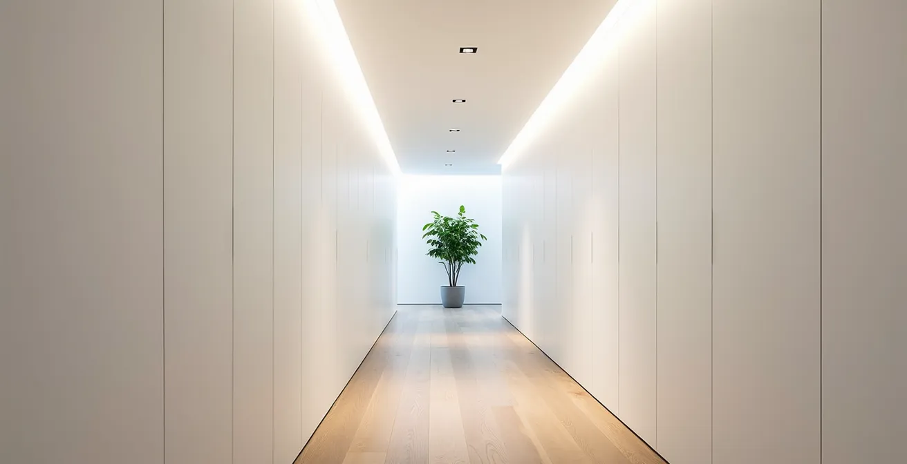 Verwandelter Schlauchflur mit integriertem Stauraum und funktionaler Beleuchtung