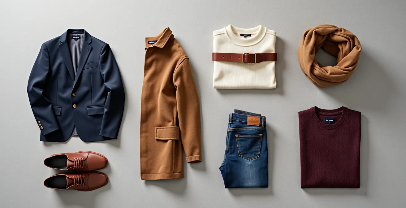 Flat-Lay verschiedener Kleidungsstücke arrangiert wie Bausteine auf neutralem Hintergrund