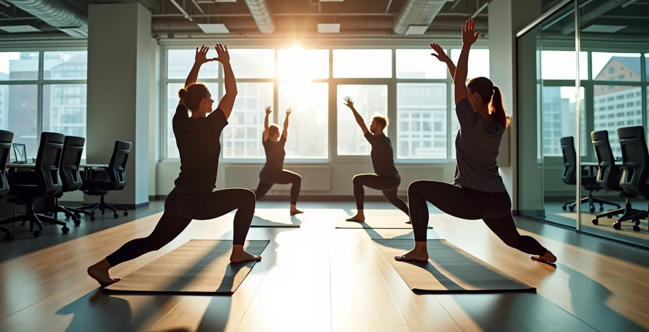 Mitarbeiter bei einer Yoga-Pause im modernen Büroraum