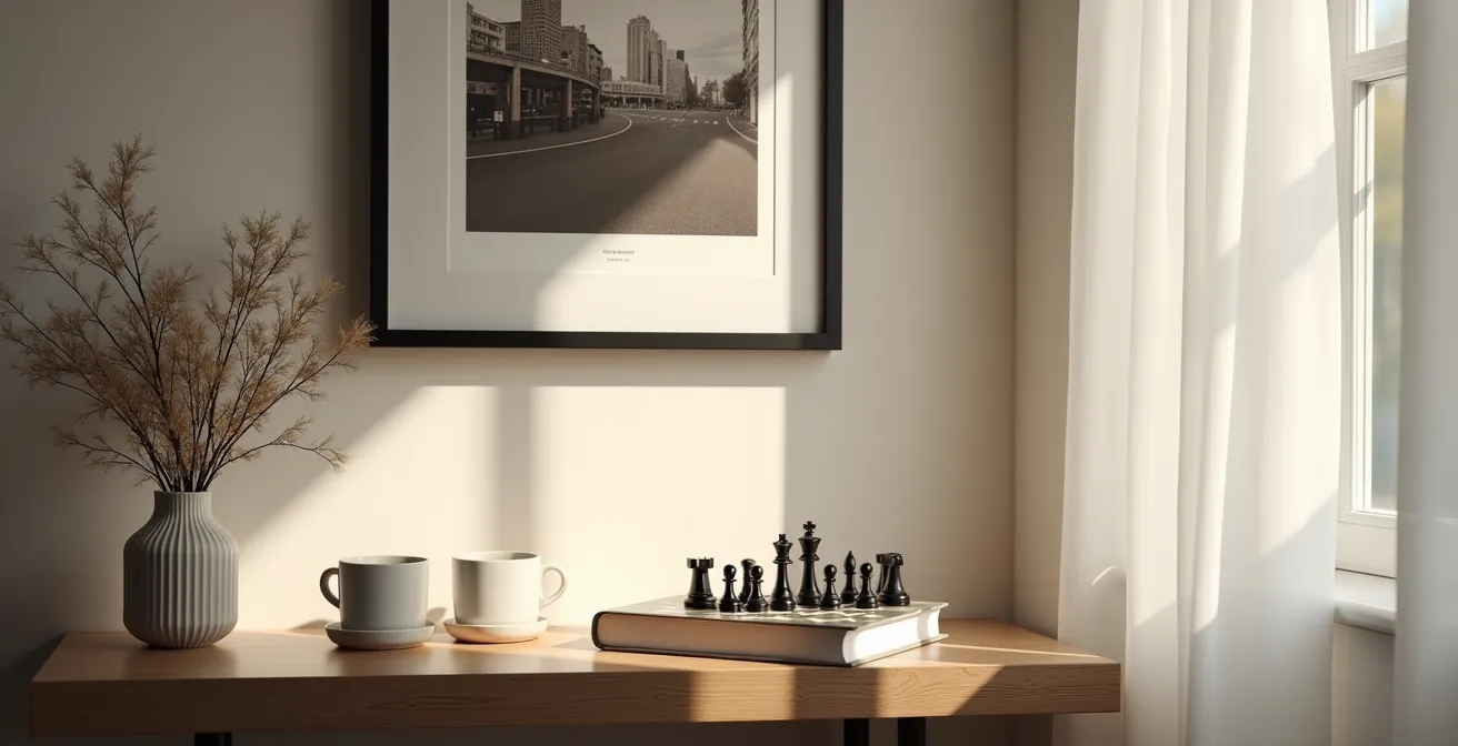 Wohnzimmer mit neutraler Dekoration und lokalem Kunstwerk statt persönlicher Fotos