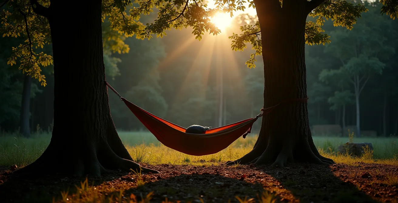 Hängematte zwischen Bäumen im dämmrigen deutschen Wald ohne Zelt