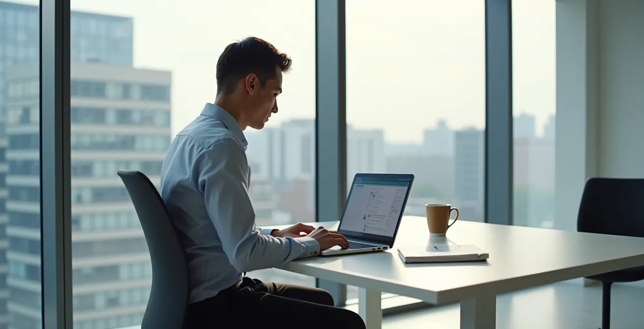 Weitwinkelaufnahme eines modernen deutschen Büros mit Mitarbeiter am Laptop, der konzentriert arbeitet