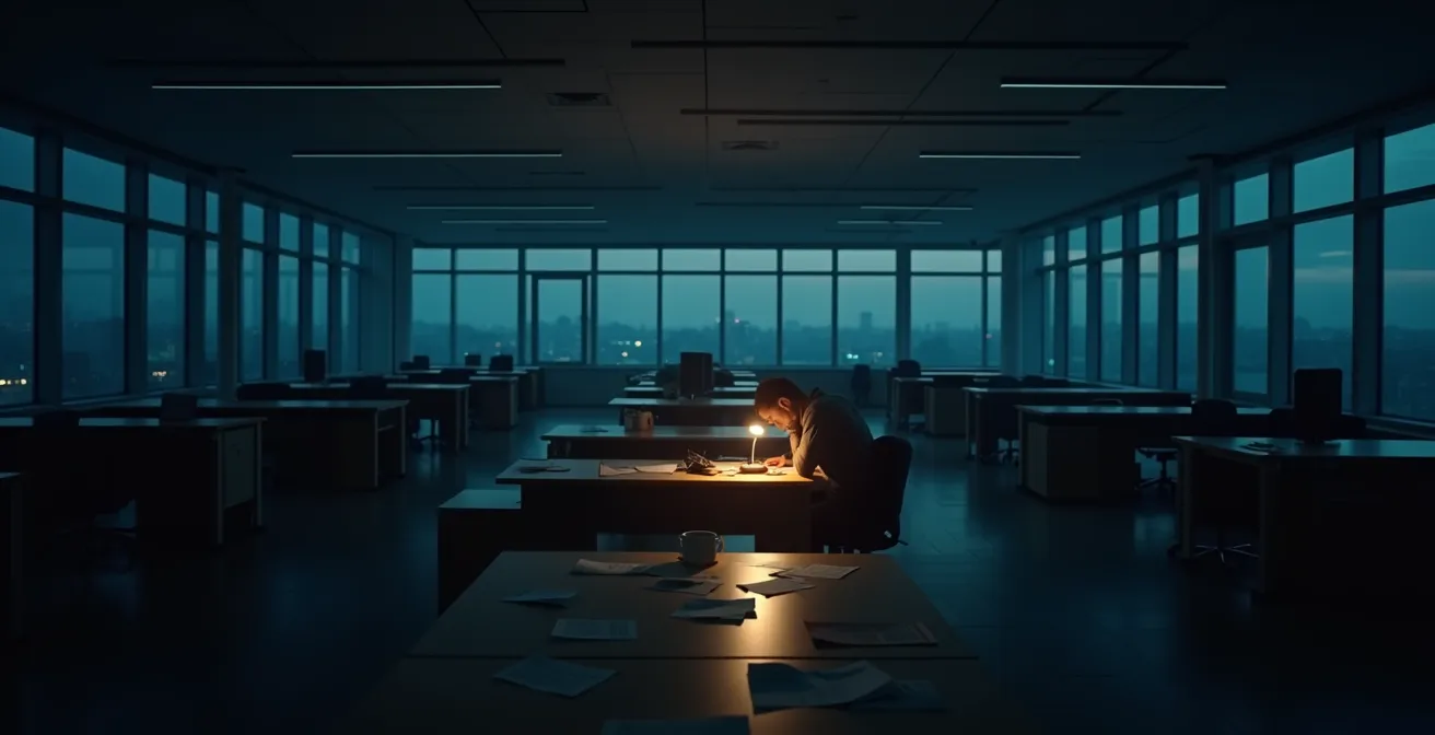 Visuelle Metapher für Burnout-Warnsignale: ein leerer, dunkler Büroraum mit einem einzigen beleuchteten Schreibtisch in der Ferne.