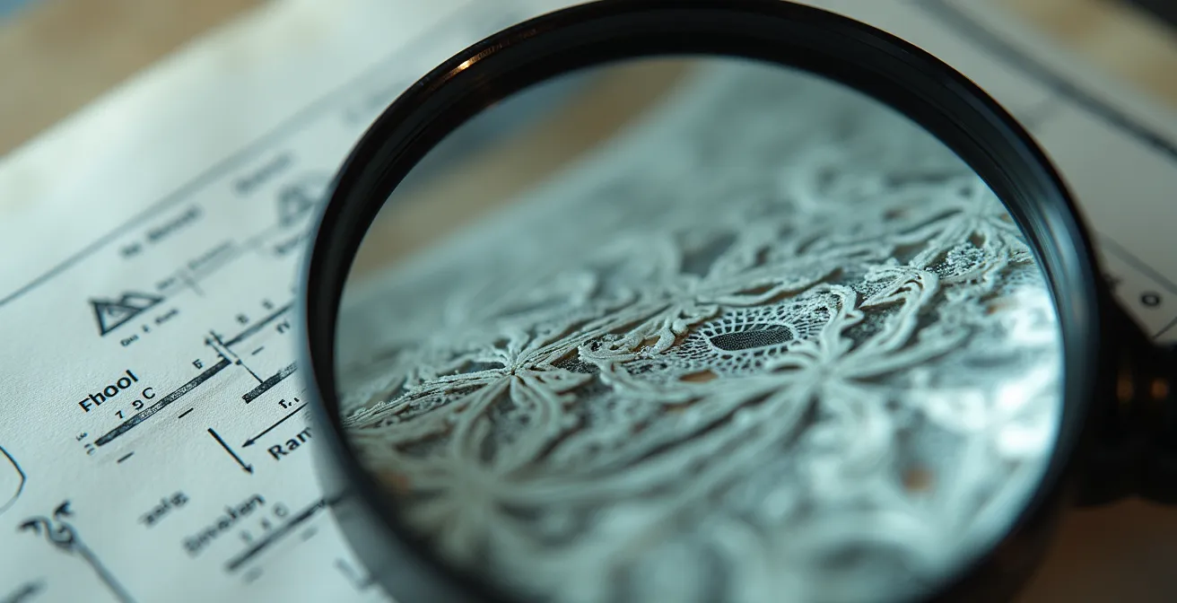 Makroaufnahme einer Lupe über abstrakten Mustern, die Dokumentenanalyse symbolisieren