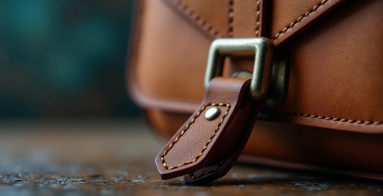 Makroaufnahme einer Designertasche mit sichtbaren Nähten und Lederstruktur