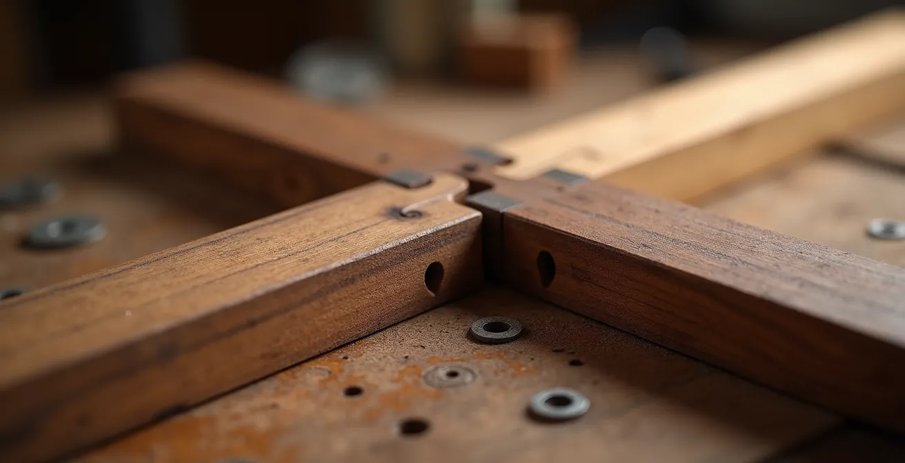 Detailaufnahme authentischer deutscher Möbelhandwerkskunst, die die Präzision einer Schwalbenschwanzverbindung zeigt
