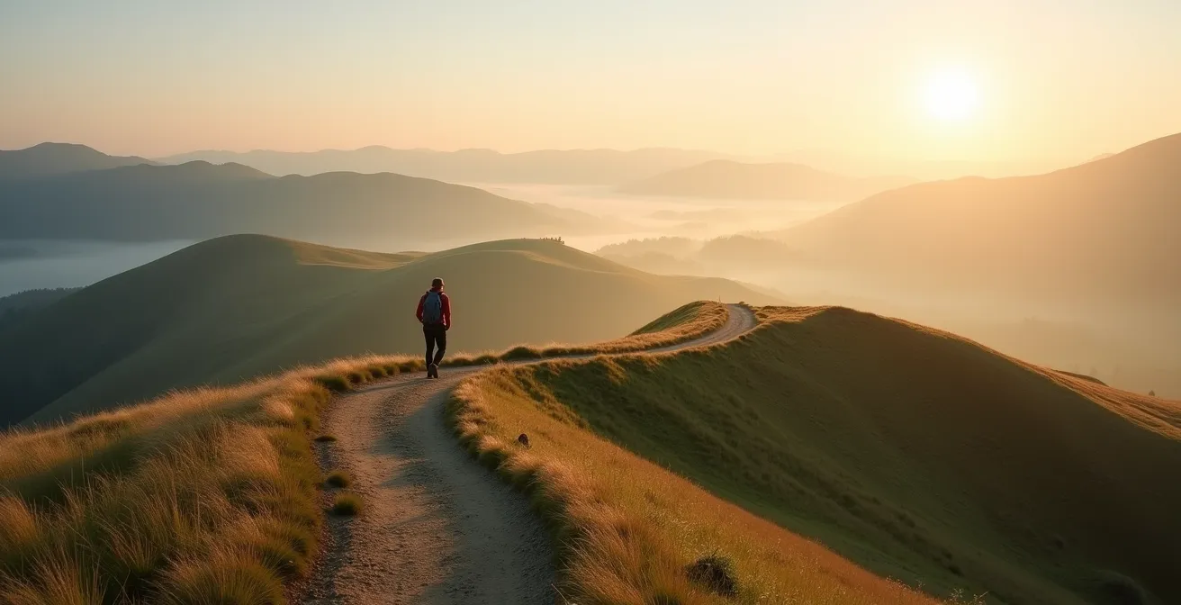 Weite Landschaftsaufnahme der Eifel mit Wanderweg und einzelnem Wanderer in der Ferne