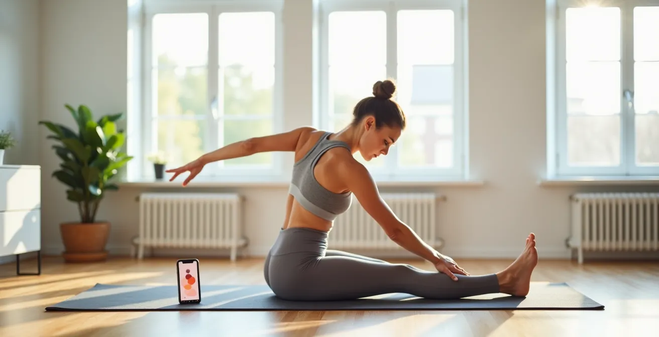 Person führt Rückenübung mit Smartphone-Anleitung im Wohnzimmer aus