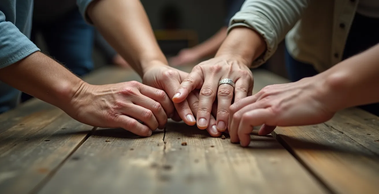 Nahaufnahme von Händen verschiedener Generationen, die sich über einem Holztisch berühren