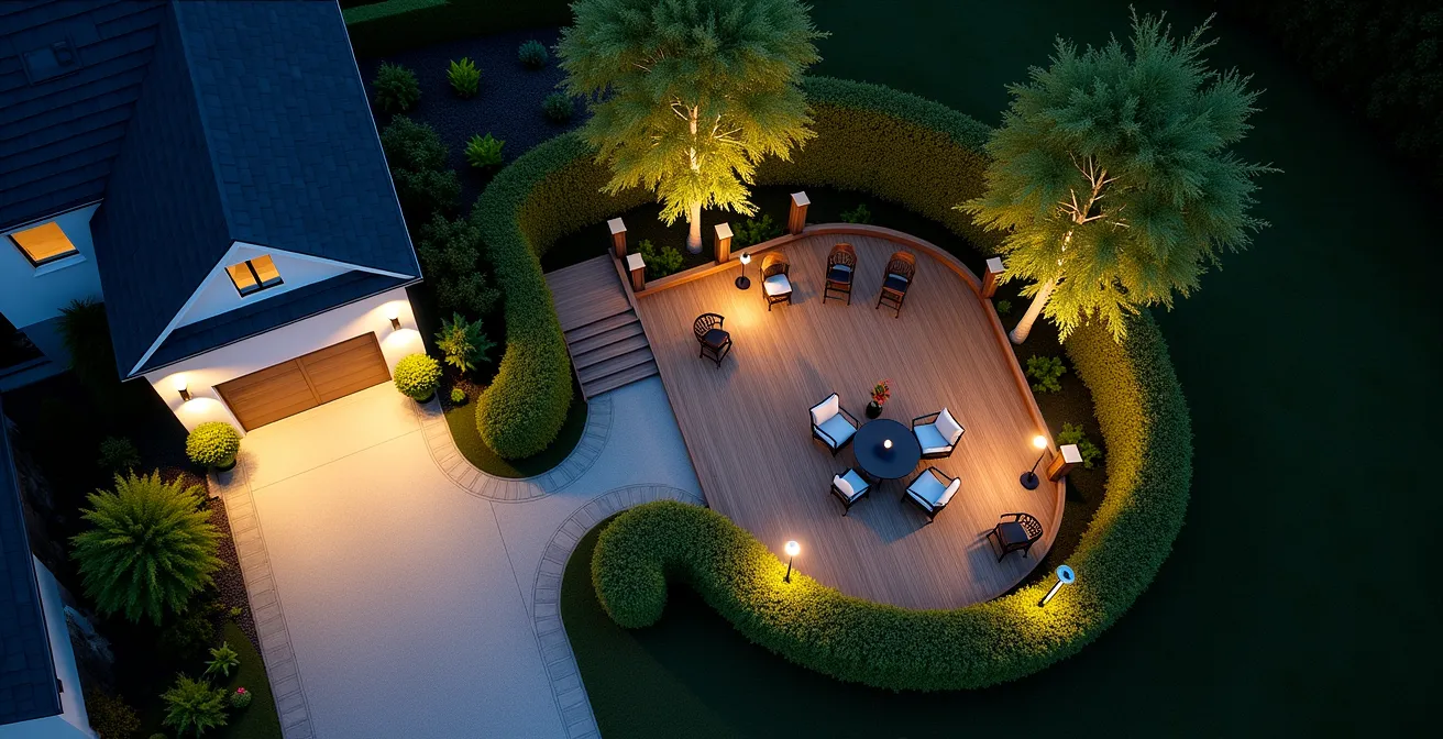 Gartenaufsicht mit drei unterschiedlich beleuchteten Bereichen: Einfahrt, Terrasse und Beete