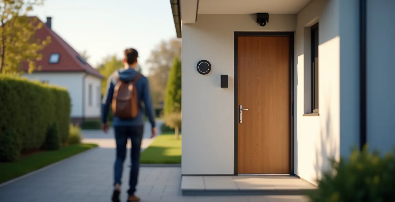 Hauseingang mit dezenter Überwachungskamera und DSGVO-konformem Hinweisschild