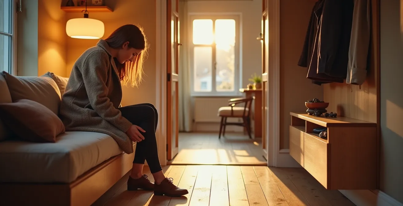 Gemütlicher Eingangsbereich in einer deutschen Wohnung, der als Übergang zur privaten Ruhezone dient und ein Gefühl des Ankommens vermittelt.