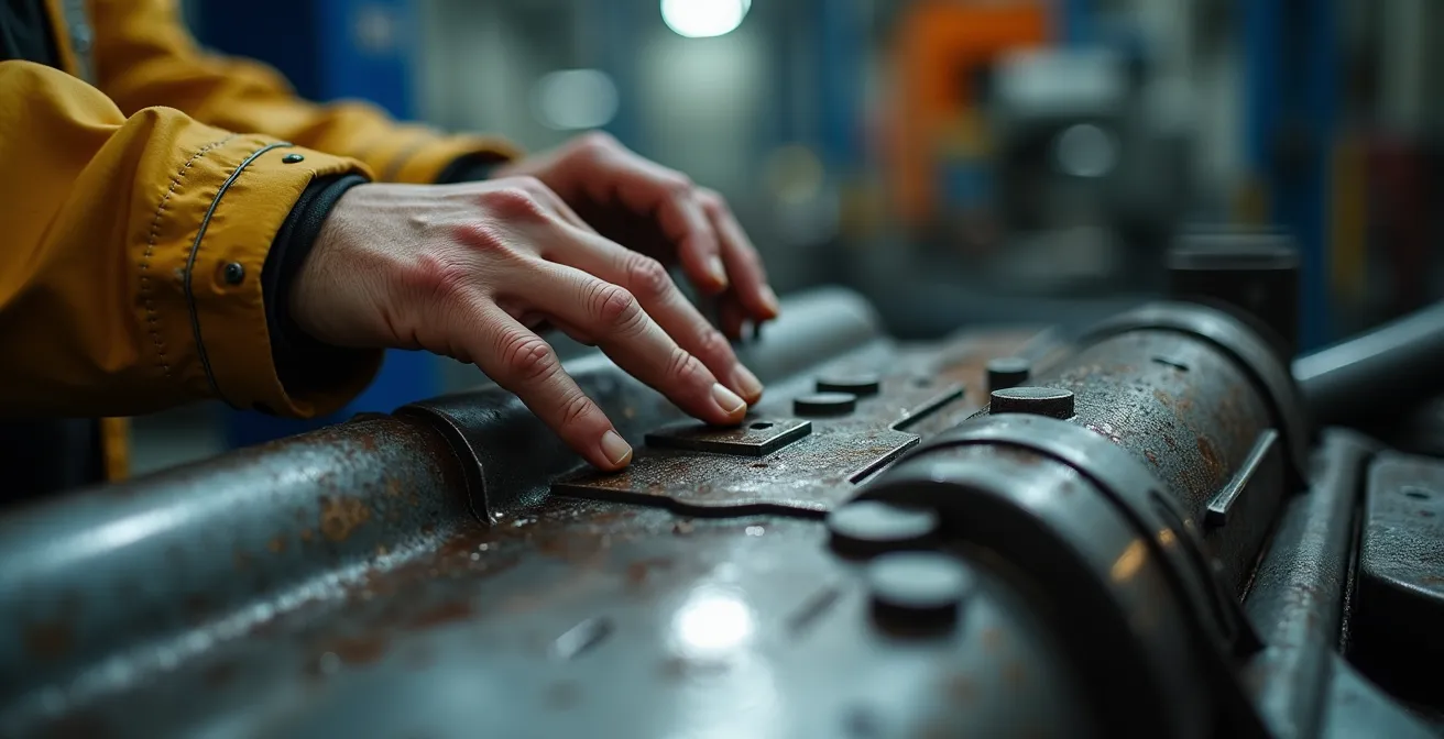 Nahaufnahme eines erfahrenen Arbeiters, der aufmerksam eine Maschinenoberfläche untersucht