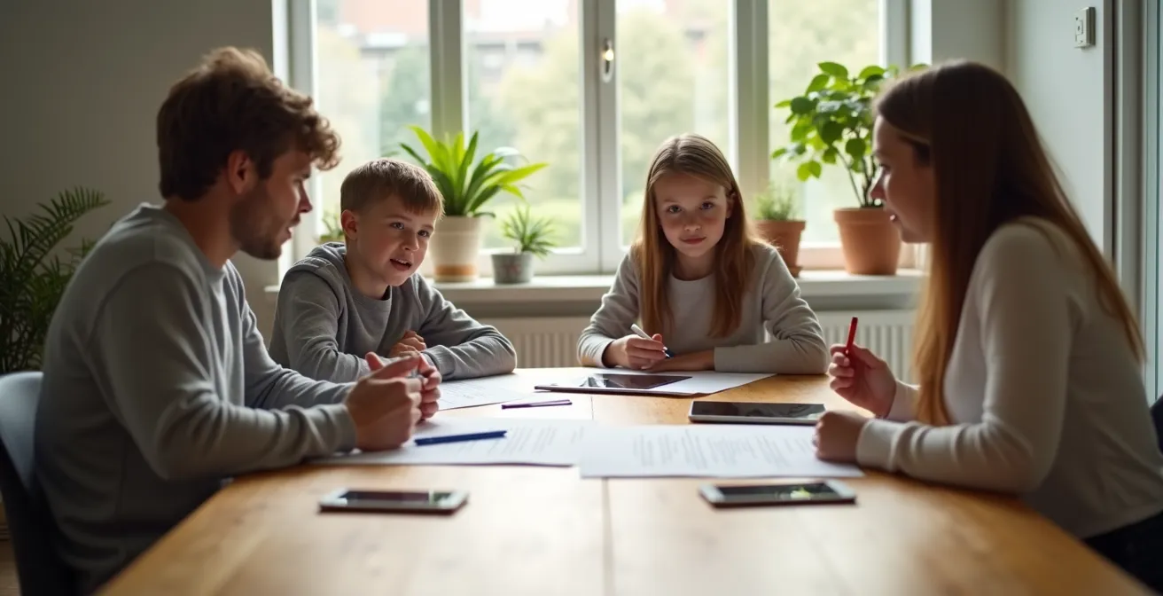 Eine Familie sitzt gemeinsam an einem Tisch und bespricht Regeln für die Mediennutzung, um einen Vertrag zu erstellen.