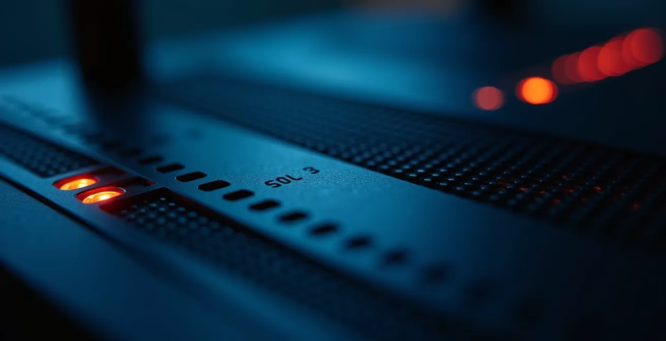 Detailaufnahme eines Routers mit sichtbaren Sicherheitsindikatoren