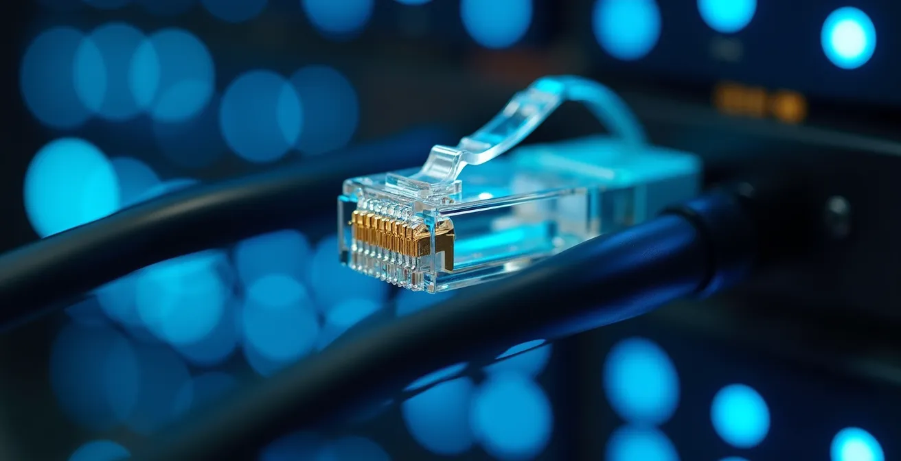 Detailansicht eines Ethernet-Anschlusses, der den Update- und Konnektivitätsprozess symbolisiert