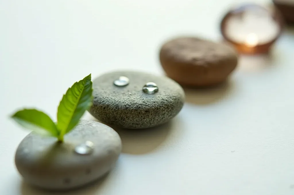 Makroaufnahme von fünf verschiedenen natürlichen Elementen, die die Gesundheitssäulen symbolisieren: ein Blatt, ein Stein, eine Feder, Rinde und ein Kristall.