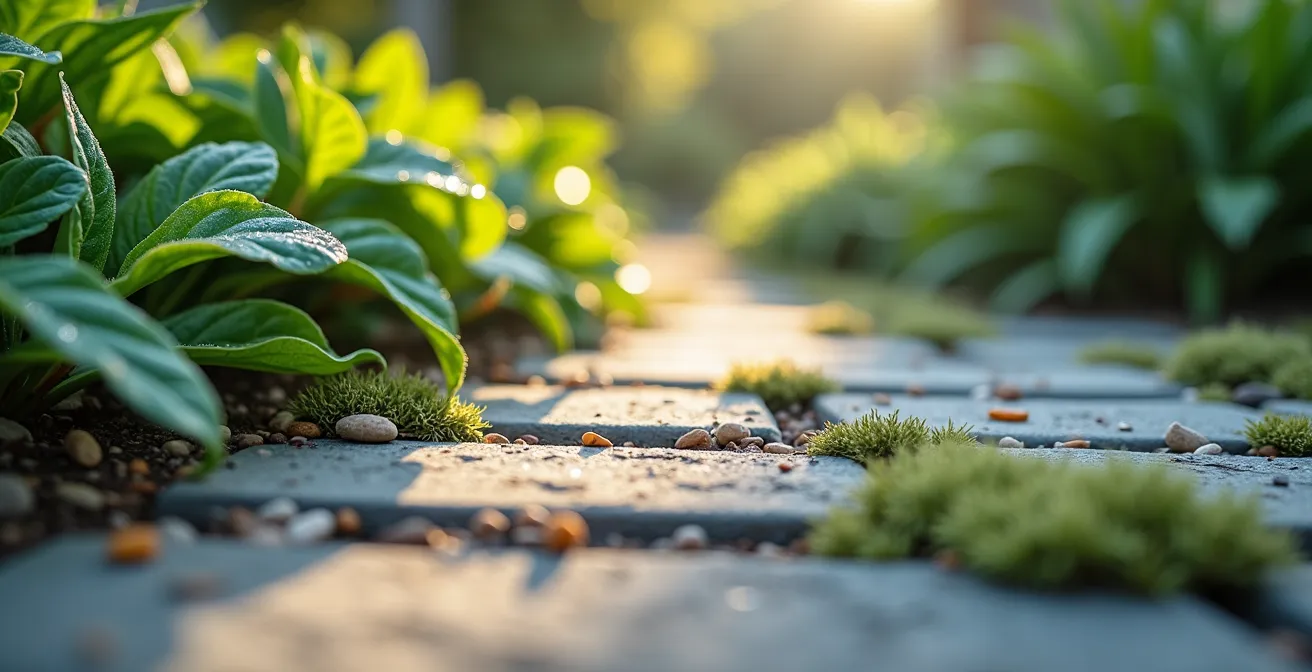 Makroaufnahme von Naturstein und heimischen Gartenpflanzen als Planungsdetail