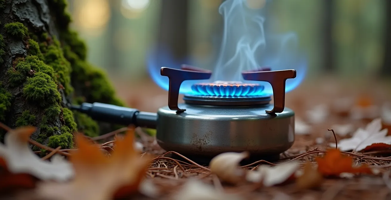 Kompakter Gaskocher auf Waldboden mit Topf, umgeben von Herbstlaub
