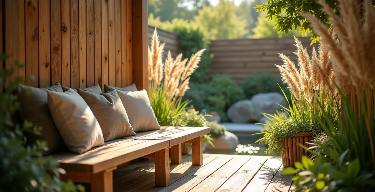 Intime Gartennische mit warmem Holz und weichen Textilien im deutschen Stil