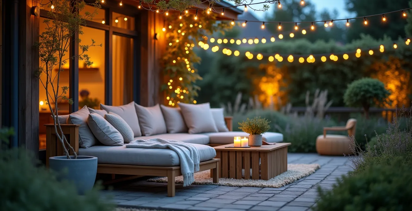 Stimmungsvoll beleuchtete Gartensitzecke mit Kissen und Solarlichterketten für Home Staging