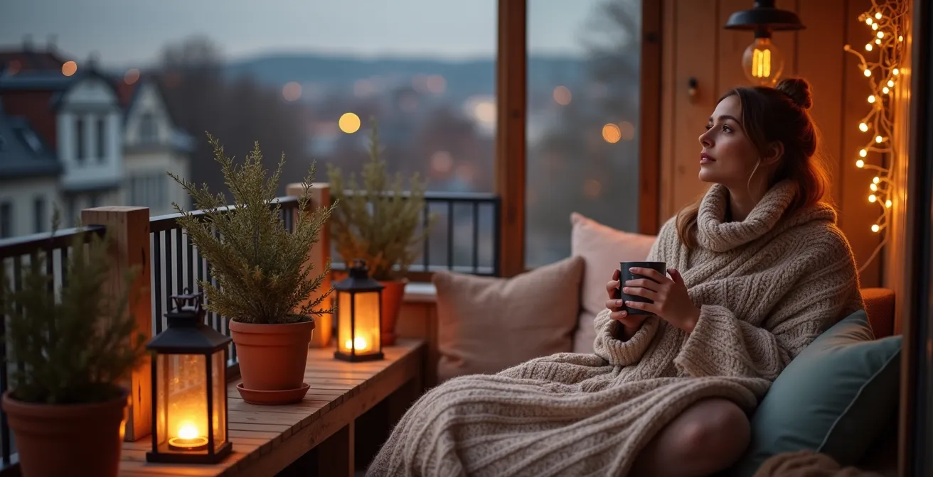 Gemütlich eingerichteter Balkon mit Textilien und winterharten Pflanzen