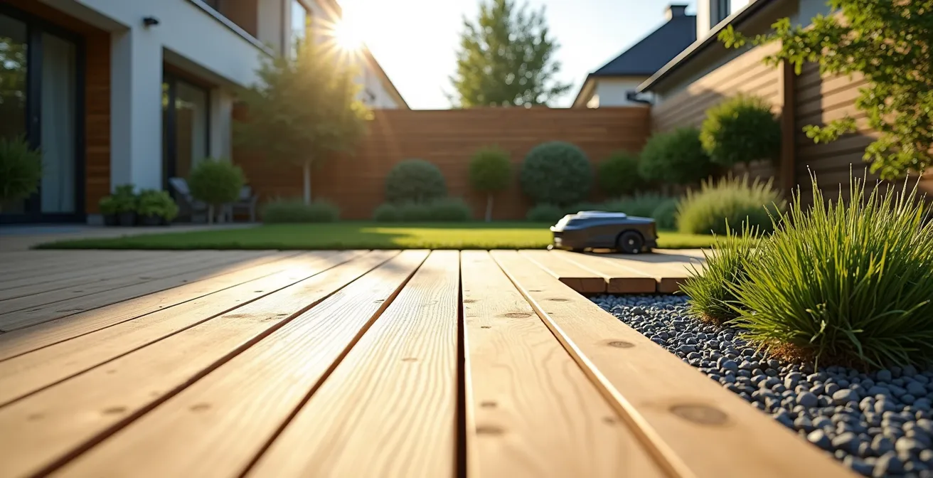 Pflegeleichter Garten mit moderner Terrasse aus heimischem Holz