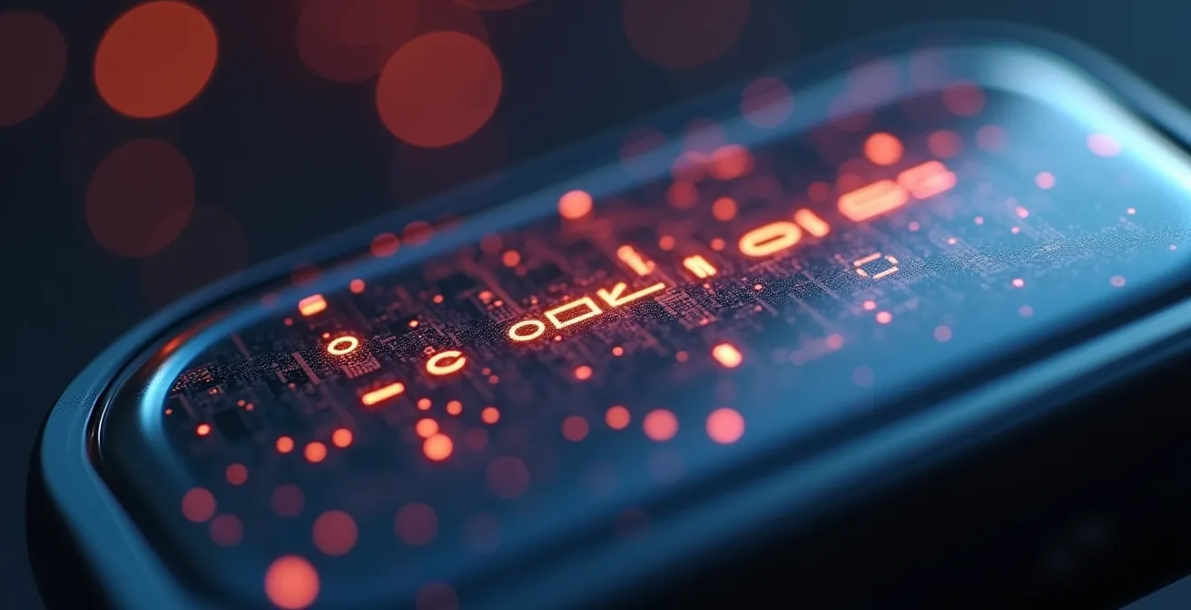 Makroaufnahme einer verschlüsselten Datenübertragung auf einem Fitness-Tracker