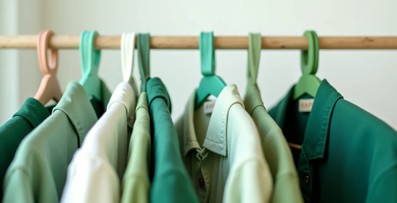 Verschiedene Kleidungsetiketten mit Nachhaltigkeitsversprechen nebeneinander